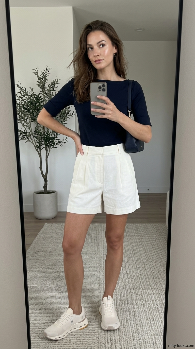 Sporty chic summer outfits for women with sneakers 2026: White tailored shorts, navy top, gold earrings, shoulder bag.