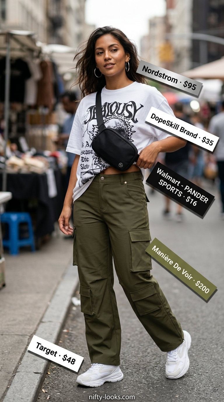 Sporty chic summer outfit for women: Olive cargo pants, graphic tee, chunky sneakers, and crossbody bag.