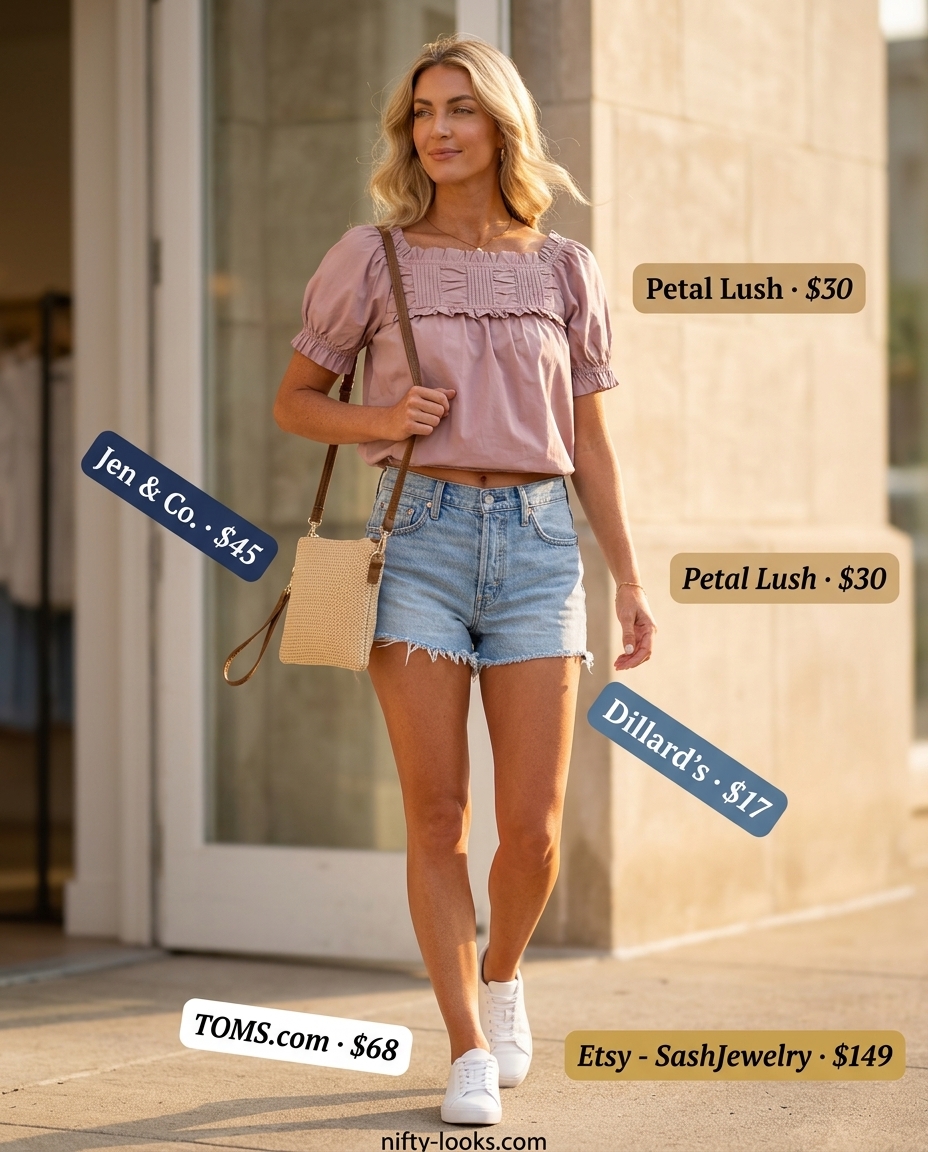 Sporty chic summer outfits for women with sneakers 2026: Denim shorts, blush puff-sleeve blouse, white sneakers.