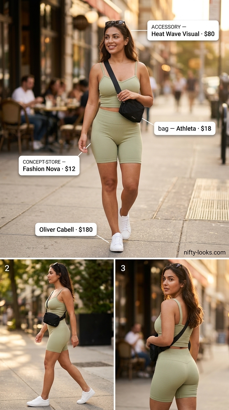Sporty chic summer outfits for women with sneakers 2026: Olive green biker shorts set, white sneakers, black belt bag, and sporty sunglasses.