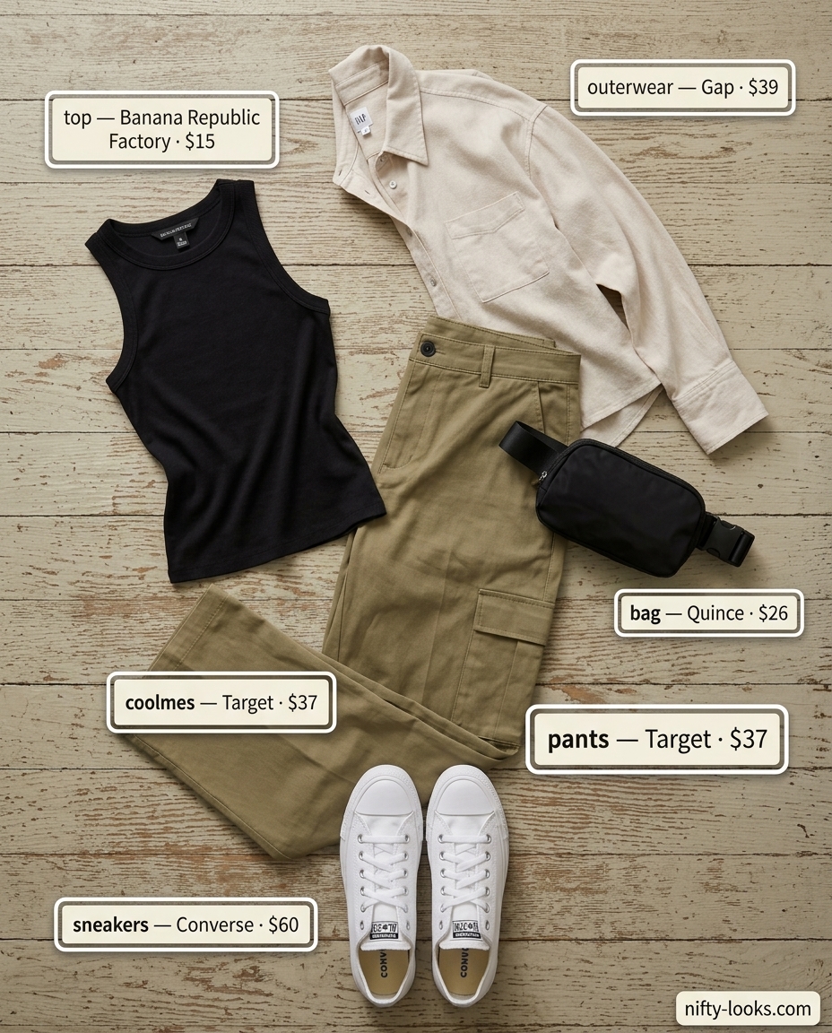 Sporty chic summer outfits for women with sneakers 2026: Khaki cargo pants, black fanny pack, beige shirt, black tank, and white canvas sneakers.