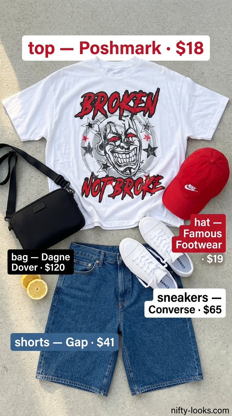 Sporty chic summer outfits for women with sneakers 2026: Denim shorts, graphic tee, red cap, white sneakers, and canvas crossbody bag.