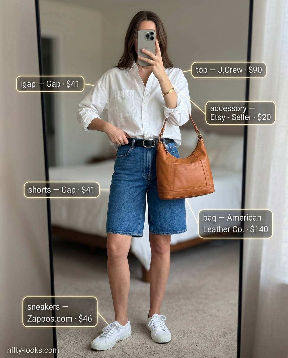 Sporty chic summer outfits for women with sneakers 2026: Denim shorts, oversized white shirt, tan crossbody bag, gold bracelet, and canvas sneakers.