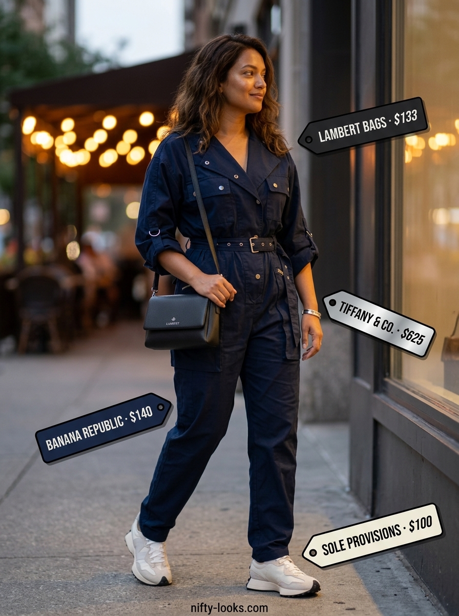 Sporty chic summer outfit for women 2026: Navy utility jumpsuit with sneakers, silver cuff, and black crossbody bag for casual evening.