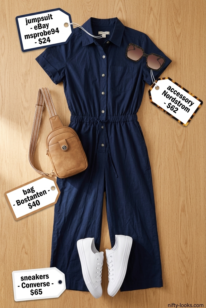 Sporty chic summer outfits for women with sneakers 2026: Navy utility jumpsuit, tan belt bag, white sneakers, and tortoiseshell sunglasses.