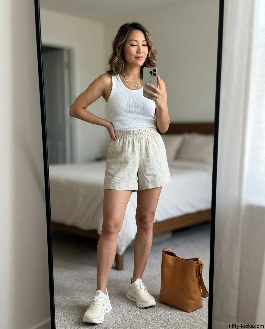 Sporty chic summer outfits for women with sneakers 2026: Linen shorts set, white tank, gold necklace, leather bucket bag, and sneakers.