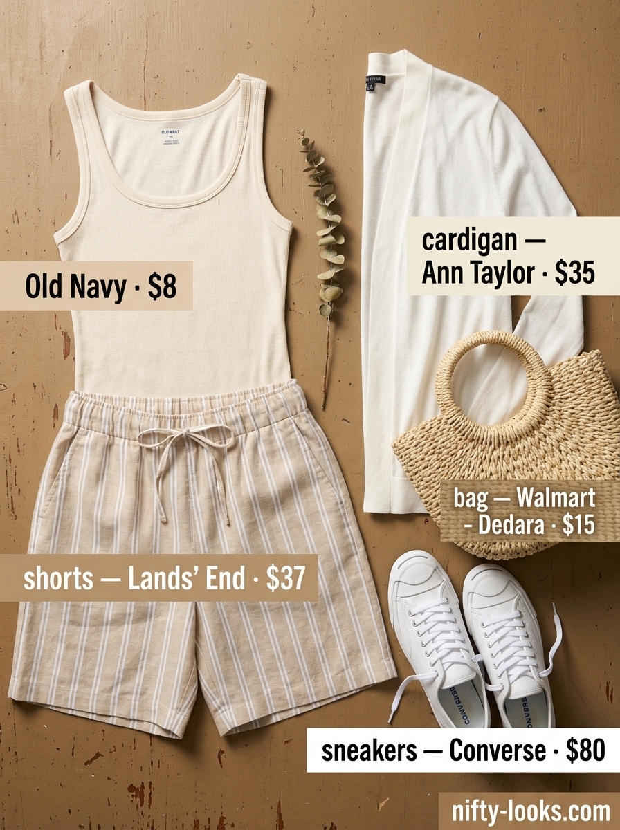 Sporty chic summer outfits for women with sneakers 2026: Cream linen shorts, white cardigan, beige tank, straw tote, and white sneakers.