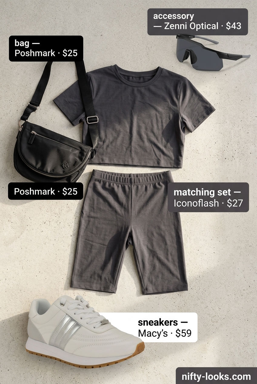 Sporty chic summer outfits for women with sneakers 2026: Charcoal grey matching set, white fashion sneakers, sunglasses, and nylon crossbody.