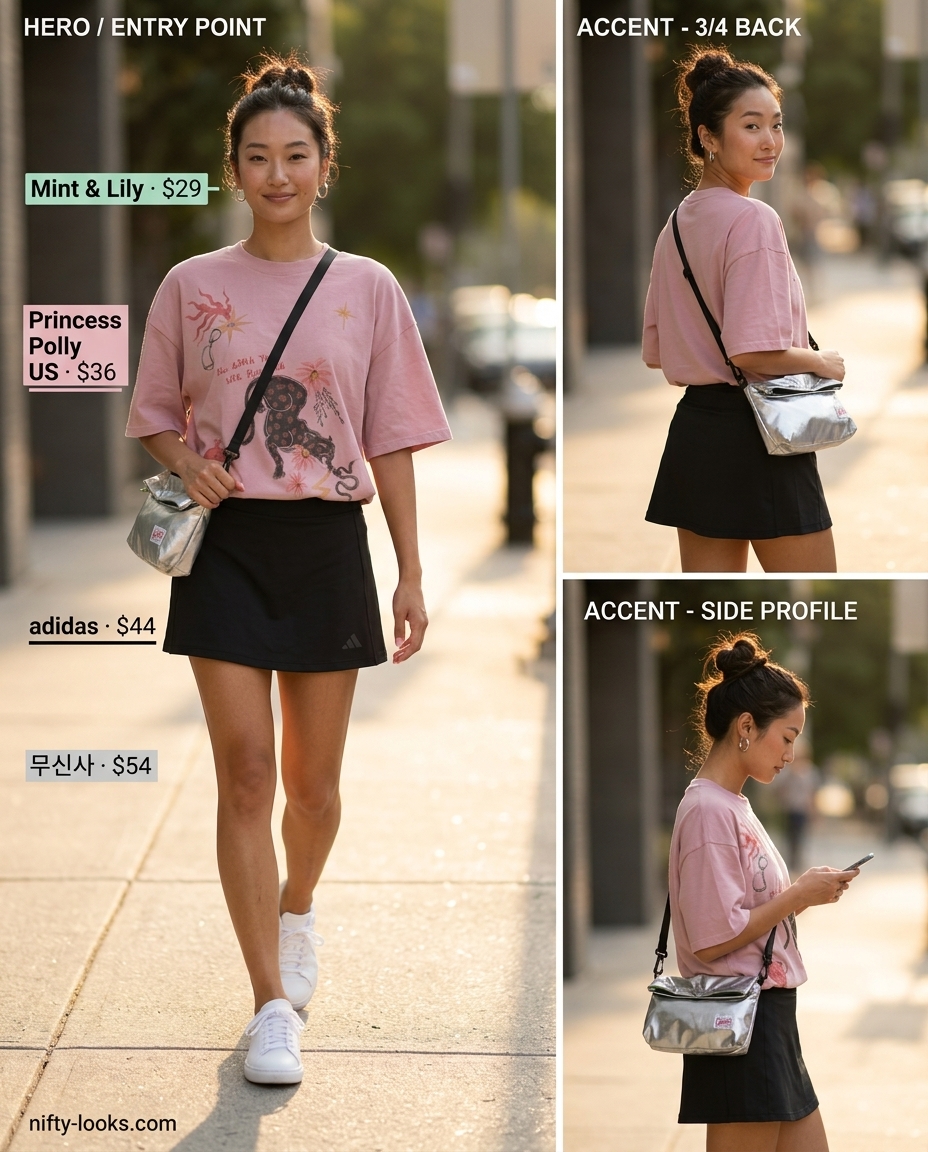 Sporty chic summer outfits for women with sneakers 2026: Black skort, pastel pink graphic tee, white sneakers, silver hoops, and nylon bag.