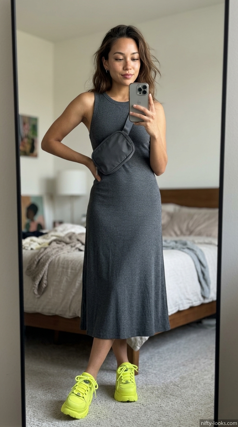 Summer A-Line Sleeveless Dresses 2026: Athleisure Cool Modern charcoal grey ribbed knit A-line sleeveless dress for athleisure. Styled with chunky sneakers & belt bag.