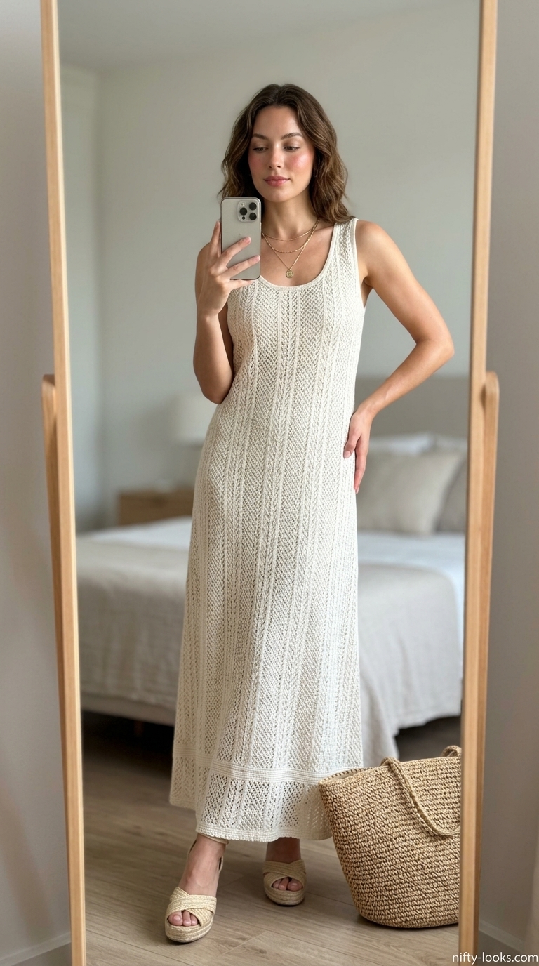 Summer A-Line Sleeveless Dresses 2026: Beach Vacation Effortless cream linen A-line sleeveless maxi dress for beach vacations. Styled with raffia sandals, straw hat & gold necklaces.
