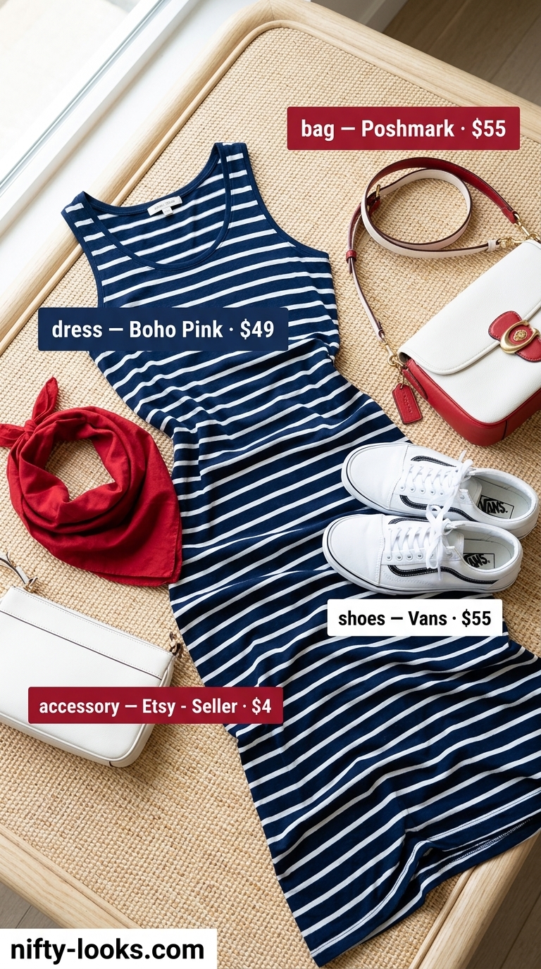 Summer A-Line Sleeveless Dresses 2026: Coastal Vacation Nautical navy & white striped A-line sleeveless maxi dress for coastal vacations. Styled with white sneakers & red bandana.
