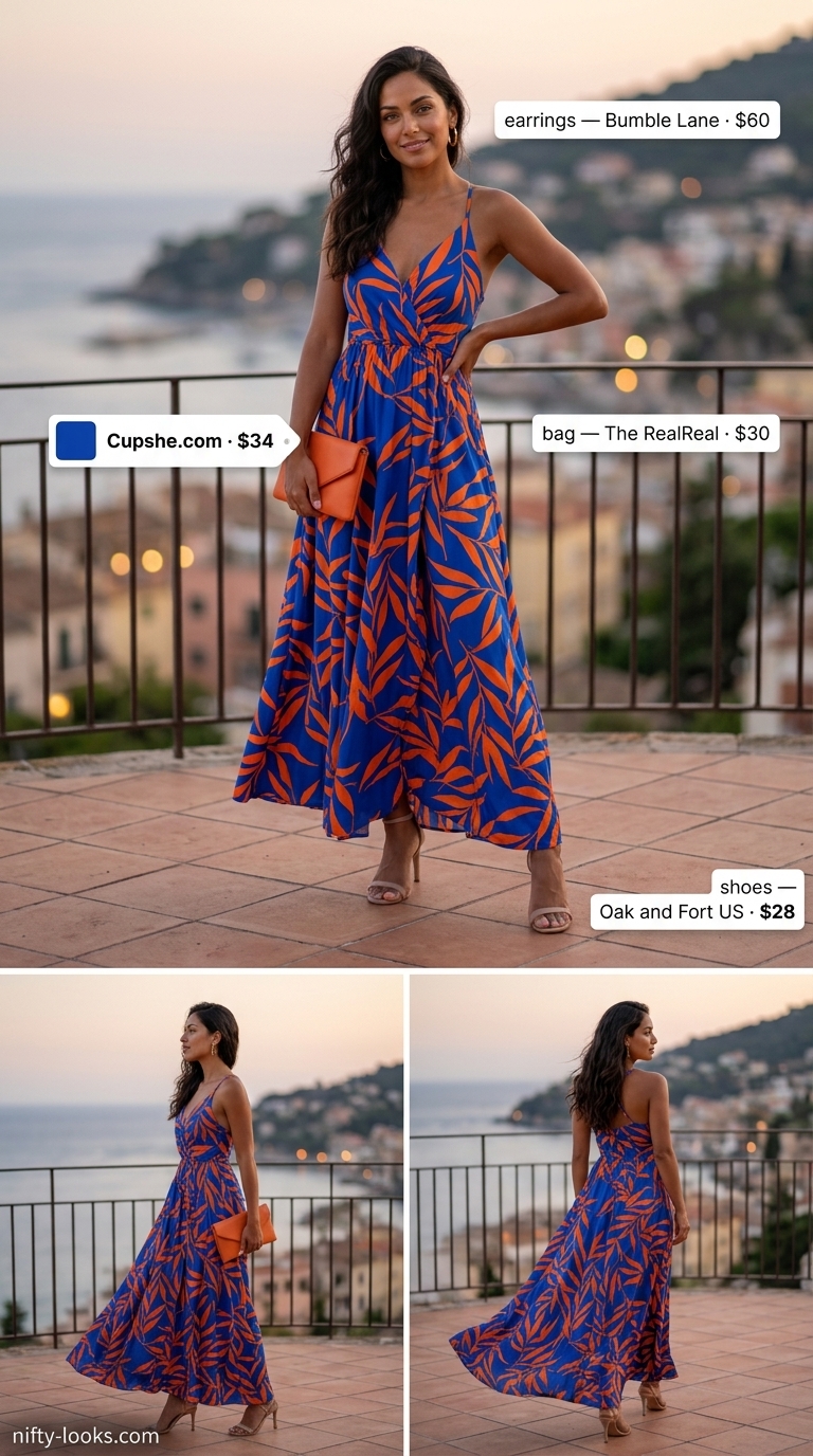 Summer A-Line Sleeveless Dresses 2026: Resort Dinner Maxi Summer A-line sleeveless dresses 2026: Cobalt blue & orange print maxi dress for resort dinner. Vibrant & elegant.