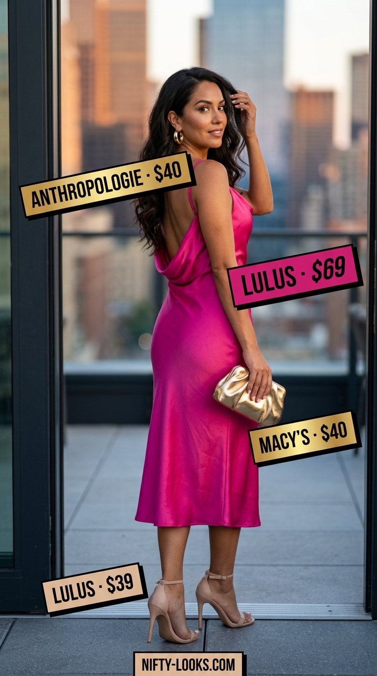 Summer A-Line Sleeveless Dresses 2026: Cocktail Glam Glamorous fuchsia satin A-line sleeveless midi dress for cocktail parties. Styled with nude stilettos & gold clutch.