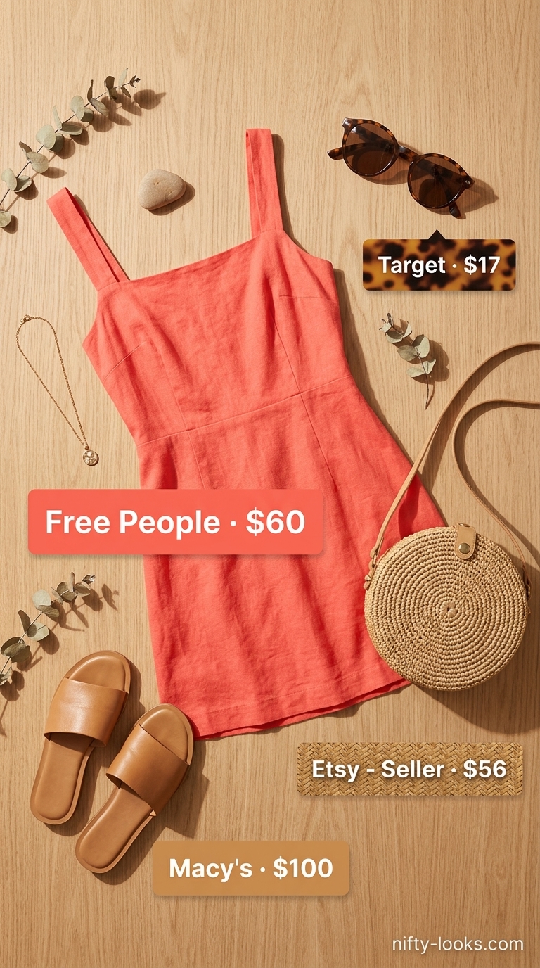 Brunch Summer A-Line Sleeveless Dresses 2026 Playful coral linen A-line sleeveless dress for a casual brunch with tan sandals.