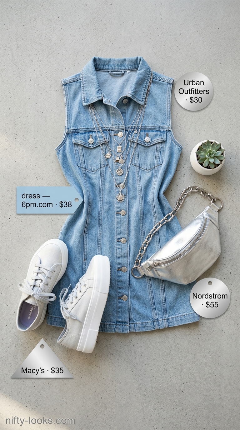 Festival Summer A-Line Sleeveless Dresses 2026 Festival-ready light wash denim A-line sleeveless dress with chunky sneakers.