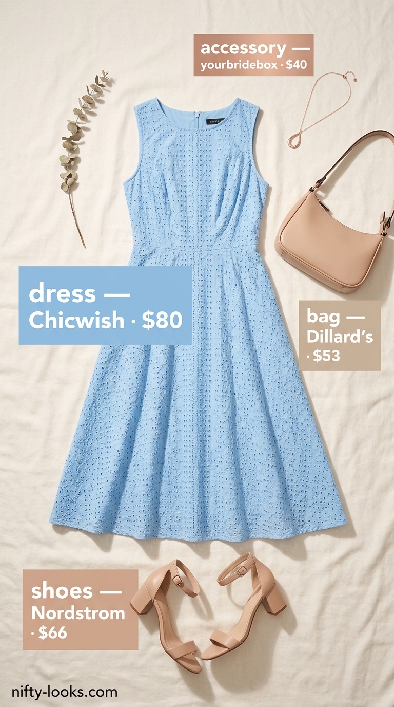 Summer A-Line Sleeveless Dresses 2026: Garden Party Whimsy Whimsical sky blue eyelet A-line sleeveless dress for garden parties. Styled with nude block heels & rose gold necklace.