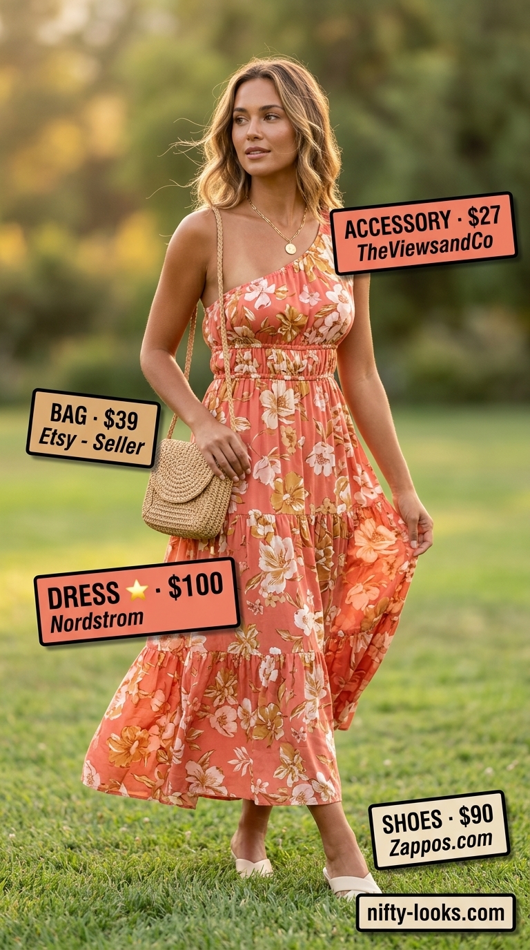 Summer A-Line Sleeveless Dresses 2026: Garden Party Chic Bohemian coral floral maxi A-line sleeveless dress for garden parties. Styled with straw hat, leather slides & gold necklaces.