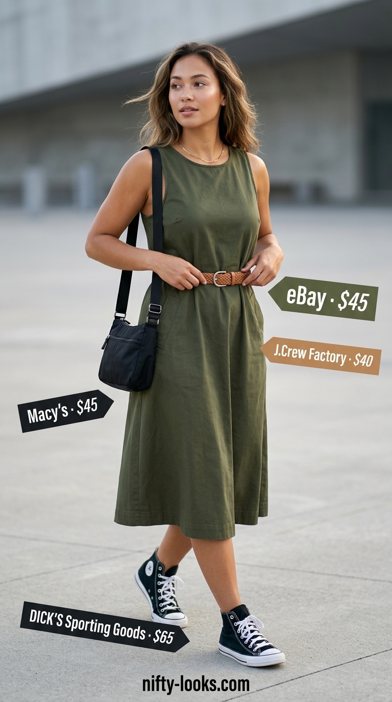 City Stroll Summer A-Line Sleeveless Dresses 2026 Edgy olive green utility A-line sleeveless dress for city exploration.