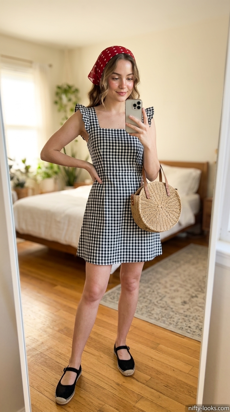 Summer A-Line Sleeveless Dresses 2026: Vintage Charm Playful black & white gingham A-line sleeveless midi dress for vintage fairs. Styled with red espadrilles & polka dot scarf.
