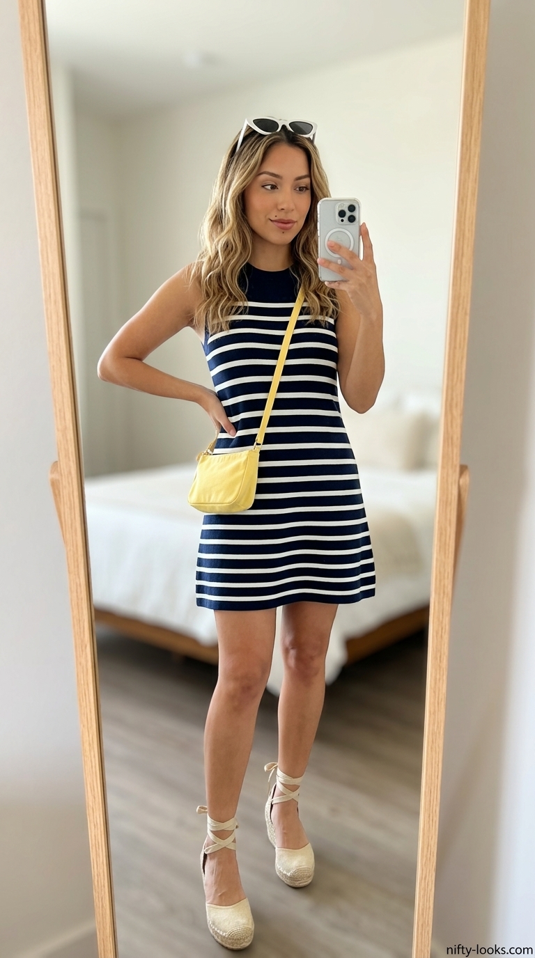 Summer A-Line Sleeveless Dresses 2026: Yacht Club Style Preppy navy & white striped A-line sleeveless dress for yacht club. Styled with yellow crossbody & espadrille wedges.