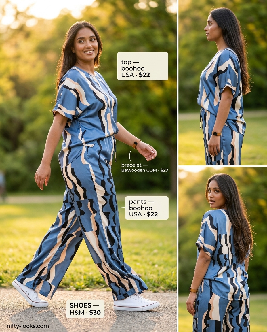 Fun summer abstract print outfits for women 2026: Multi-color abstract print blouse with denim shorts.