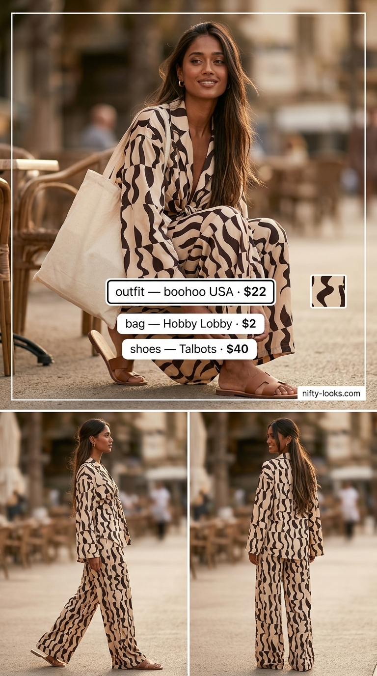 Summer Abstract Print Outfits for Women 2026: Relaxed beige linen shorts set with abstract print.