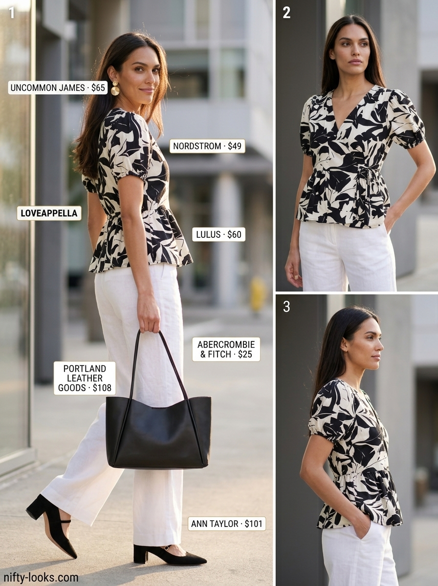 Summer Abstract Print Outfits for Women 2026: Elegant black & white abstract wrap top for work event.