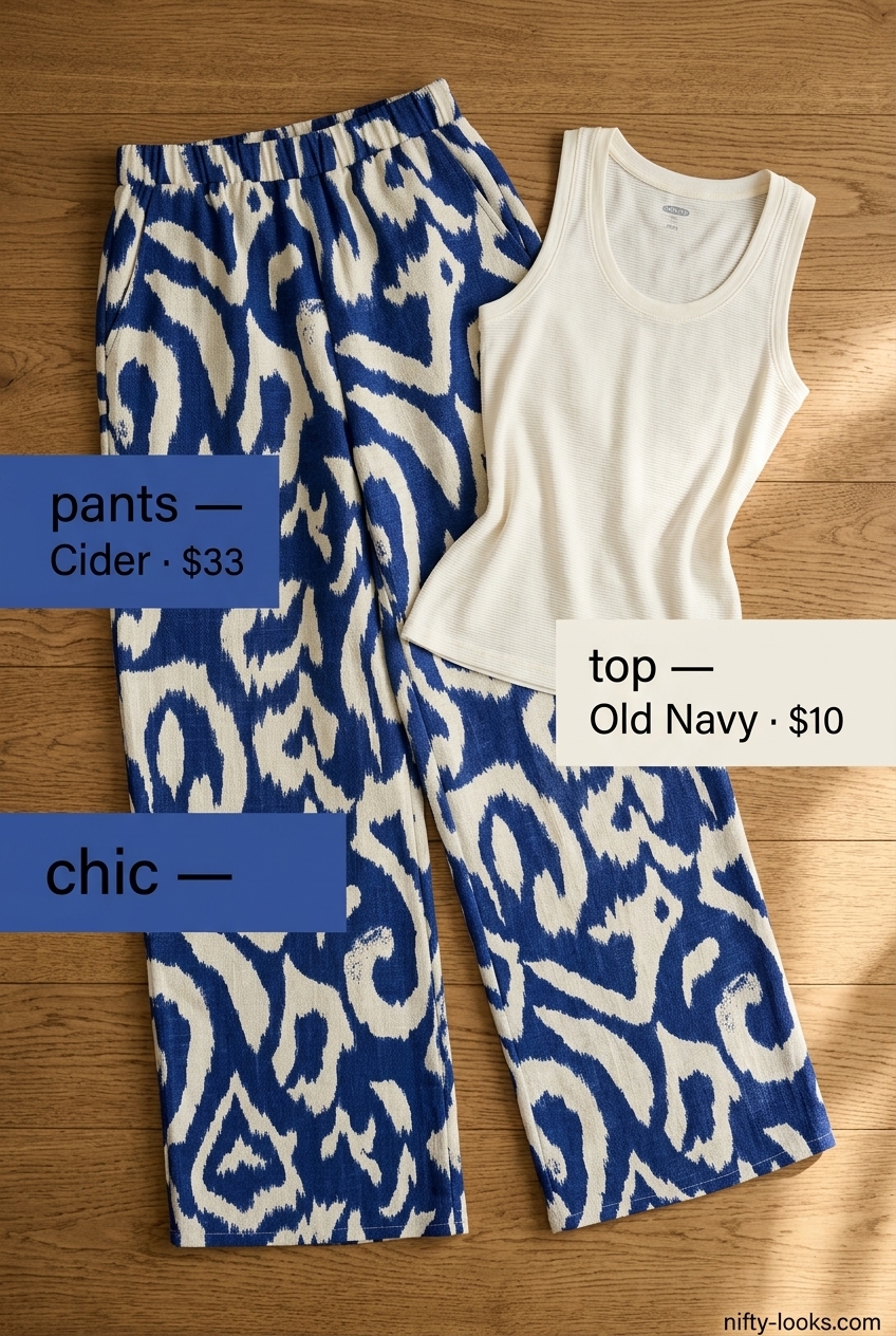 Relaxed summer abstract print outfits for women 2026: Blue abstract print wide-leg pants with white tank.