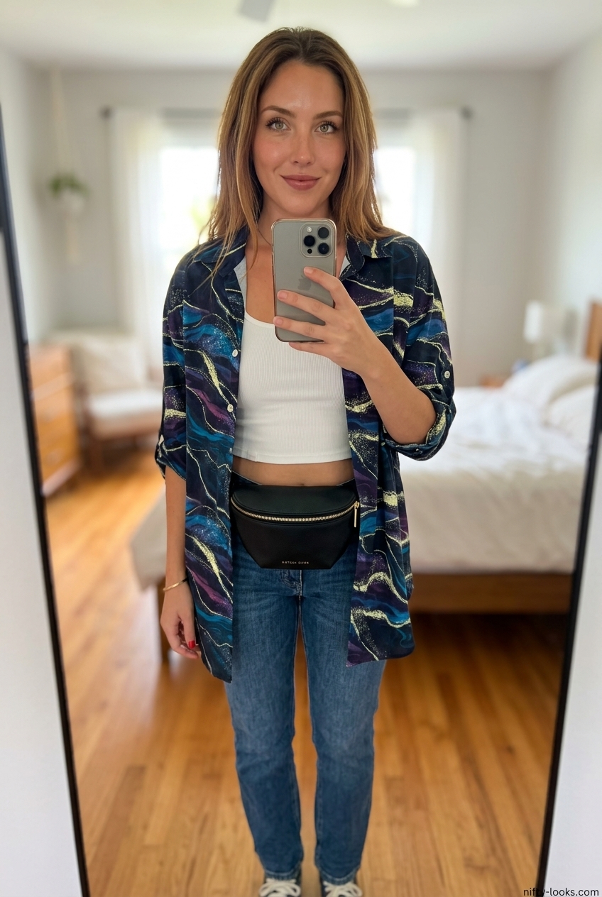 Summer Abstract Print Outfits for Women 2026: Playful green & yellow abstract mini skirt outfit.