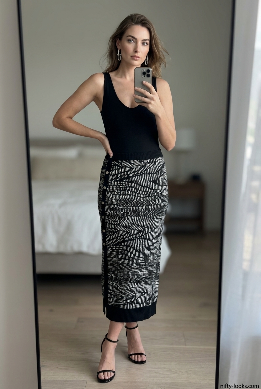Chic summer abstract print outfits for women 2026: Grey abstract print knit midi skirt with black bodysuit.