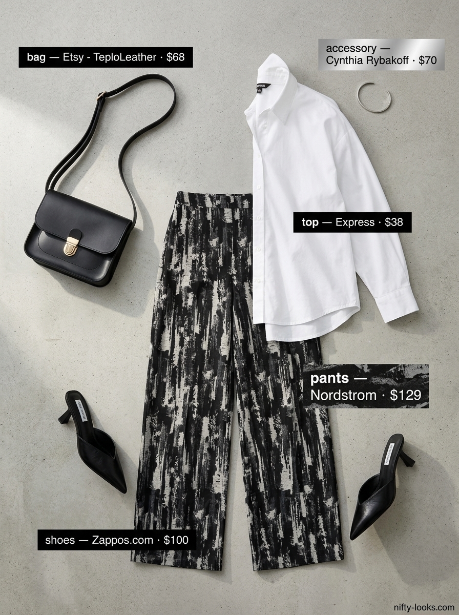 Summer Abstract Print Outfits for Women 2026: Sophisticated wide-leg pants with monochromatic abstract print.