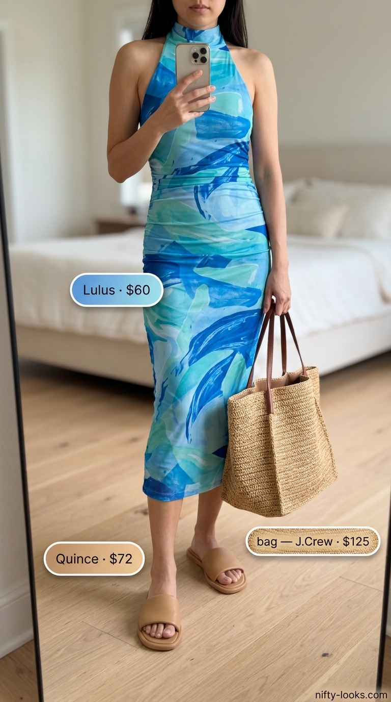 Bohemian maxi dress with multi-color abstract print for summer vacation outfits 2026.