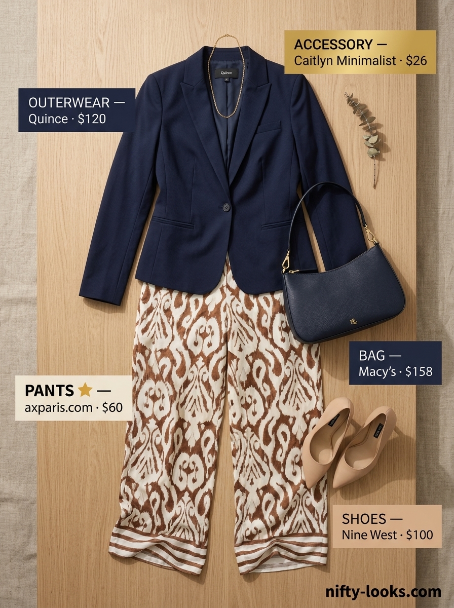 Sophisticated summer abstract print outfits for women 2026: Navy blazer, cream cami, and abstract print wide-leg pants.