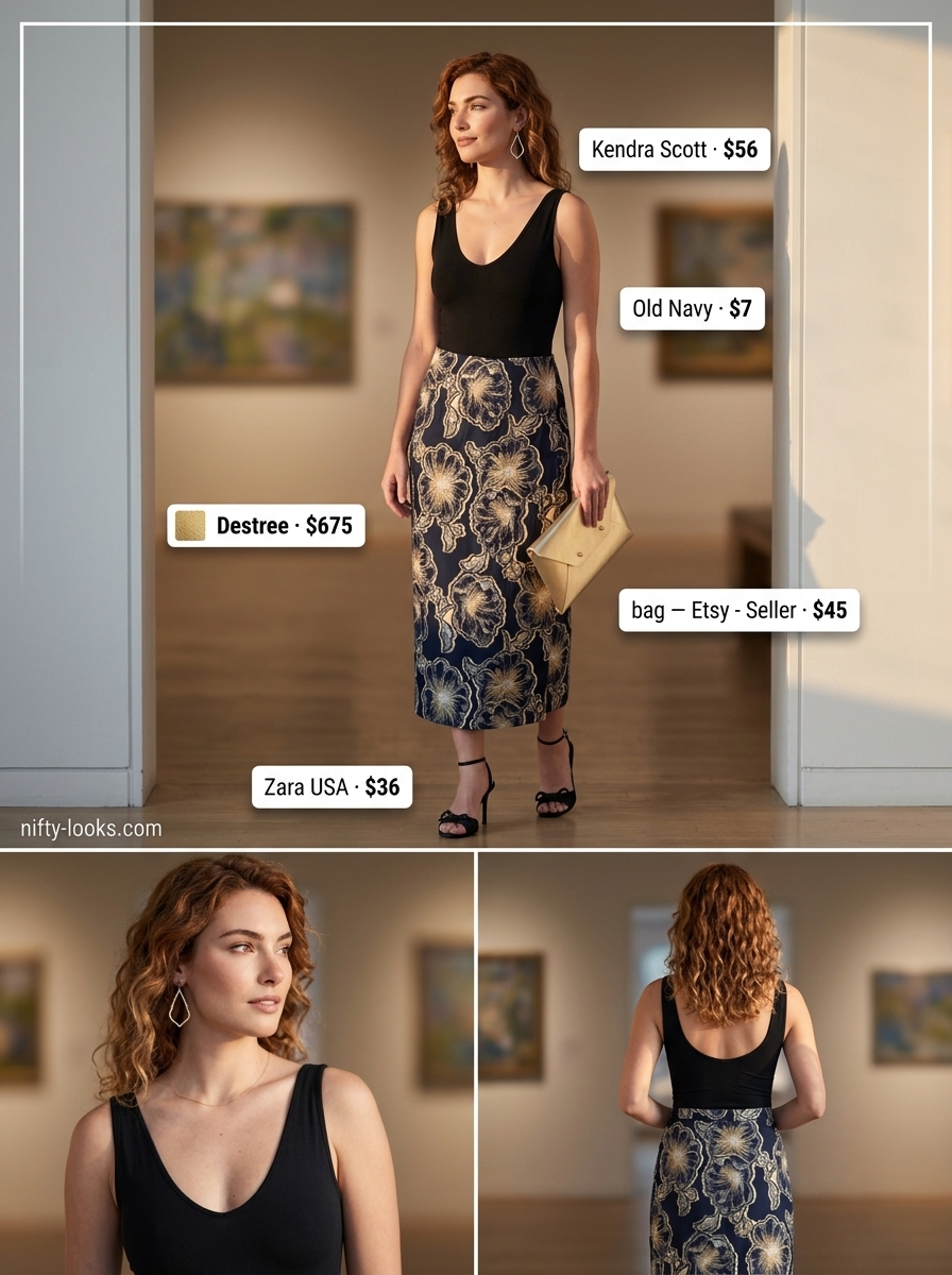 Sophisticated navy & gold abstract print midi skirt for elegant summer outfits 2026.