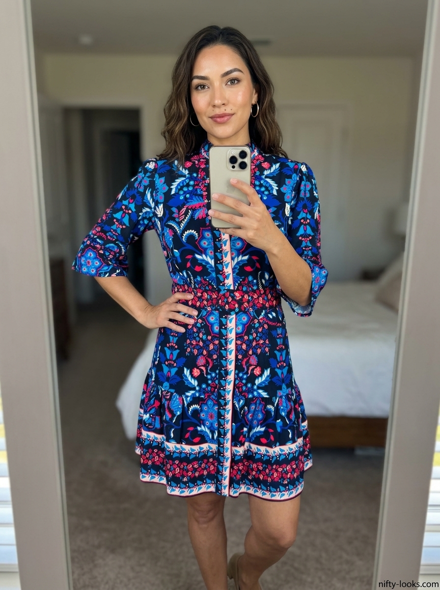 Summer Abstract Print Outfits for Women 2026: Polished navy abstract print shirt dress for garden party.