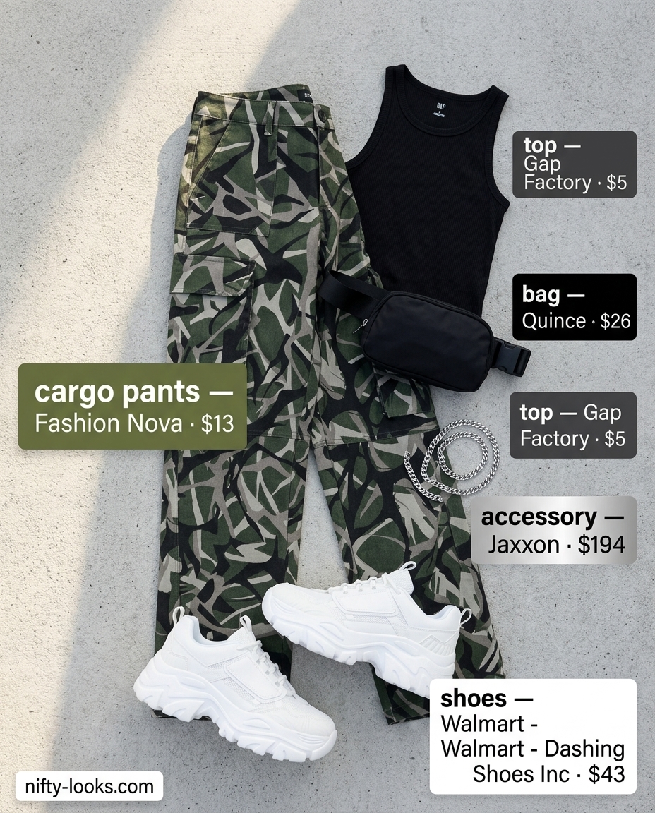 Summer Abstract Print Outfits for Women 2026: Edgy olive cargo pants with monochromatic abstract print.