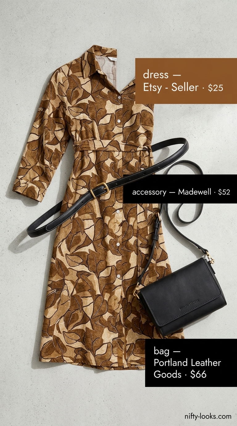Chic summer abstract print outfits for women 2026: Olive green abstract print shirt dress with black loafers.
