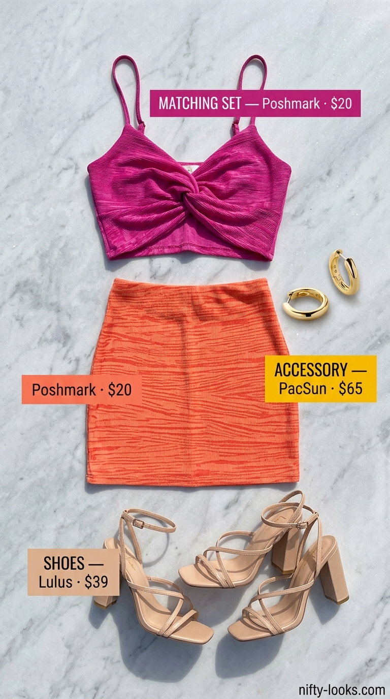 Pink & Orange abstract print matching set for summer evening outfits 2026. Chic date night look.