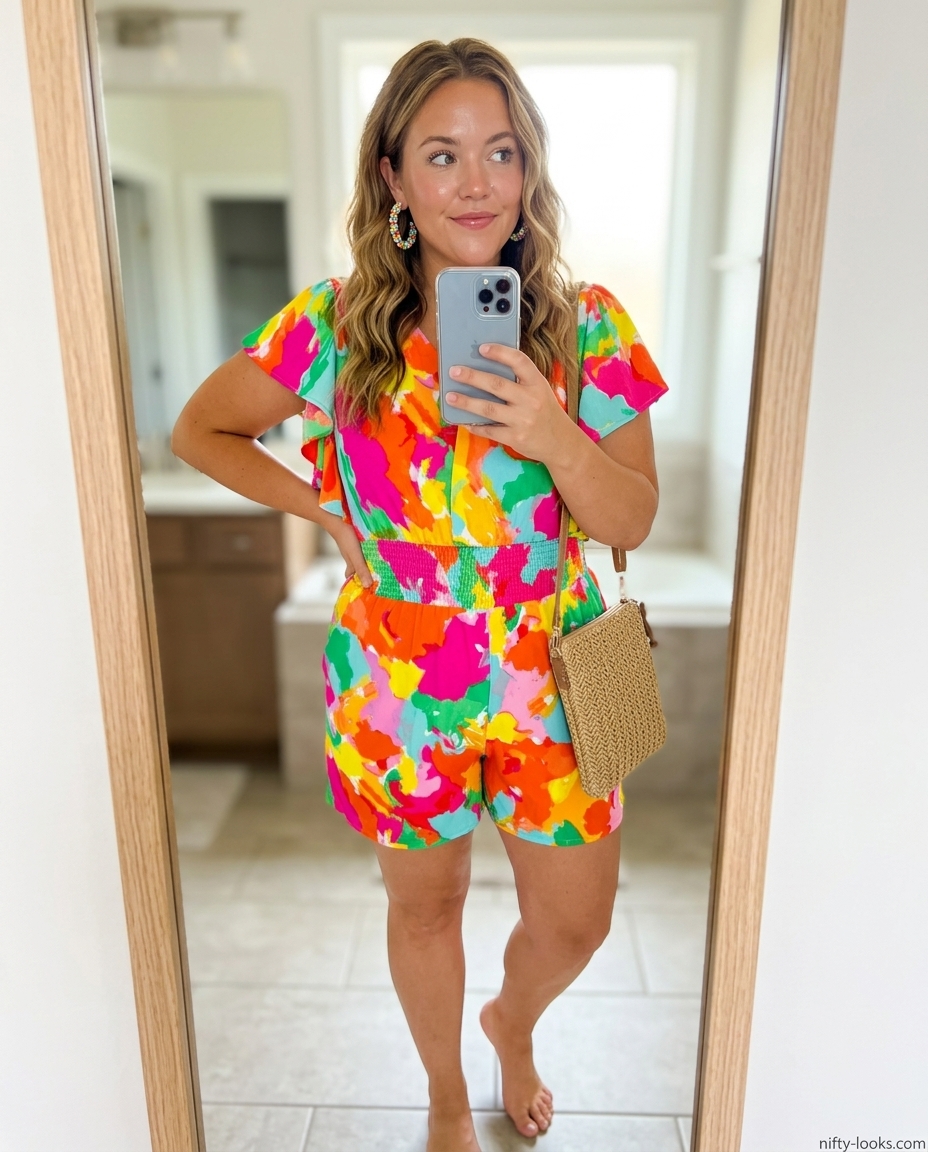 Playful abstract print romper for casual summer outfits 2026. Fun weekend wear.