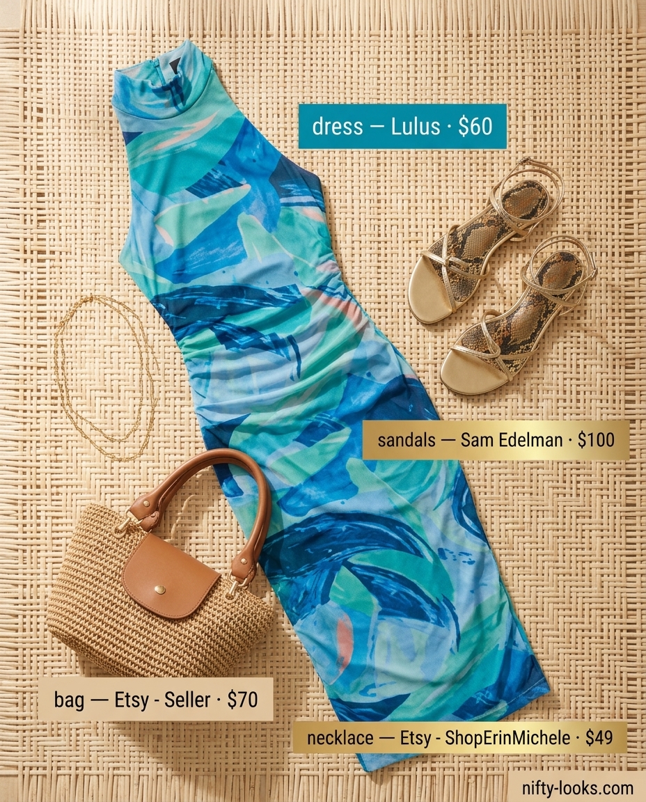 Summer Abstract Print Outfits for Women 2026: Flowy teal & coral maxi dress for beach vacation.
