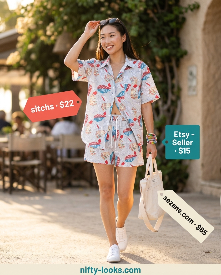 Summer Abstract Print Outfits for Women 2026: Teal & coral matching set for casual day out. White sneakers & tote.