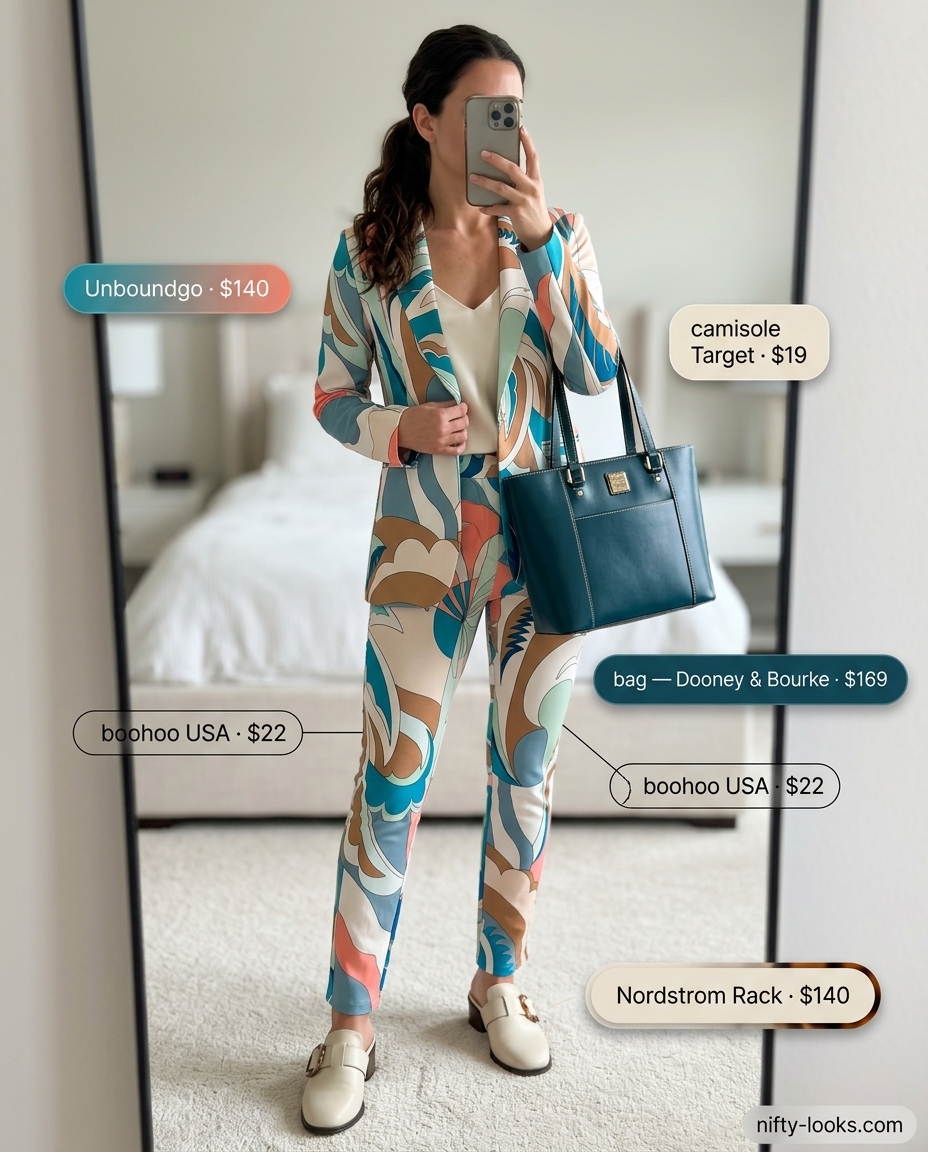 Modern summer abstract print outfits for women 2026: Teal abstract print blazer and trousers with cream camisole.