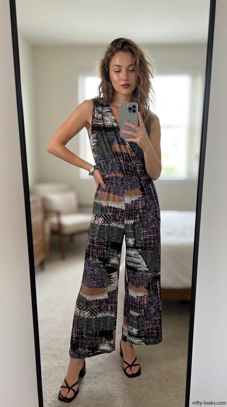 Bold abstract print wide-leg jumpsuit for evening summer outfits 2026.