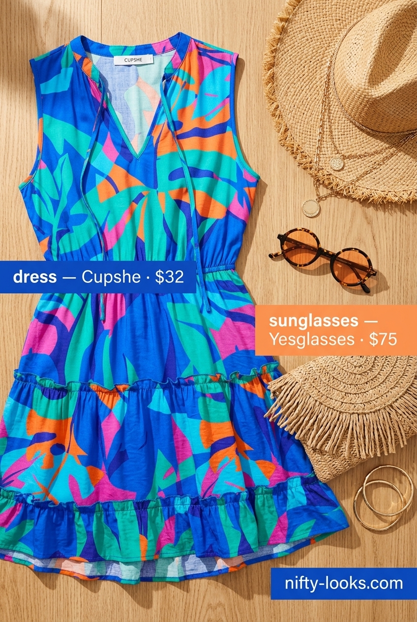 Energetic yellow & blue abstract print mini dress for summer day outfits 2026.