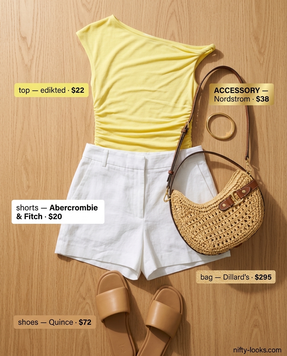 Playful asymmetric outfits for women 2026: Lemon yellow top, white shorts, straw bag, tan slides.