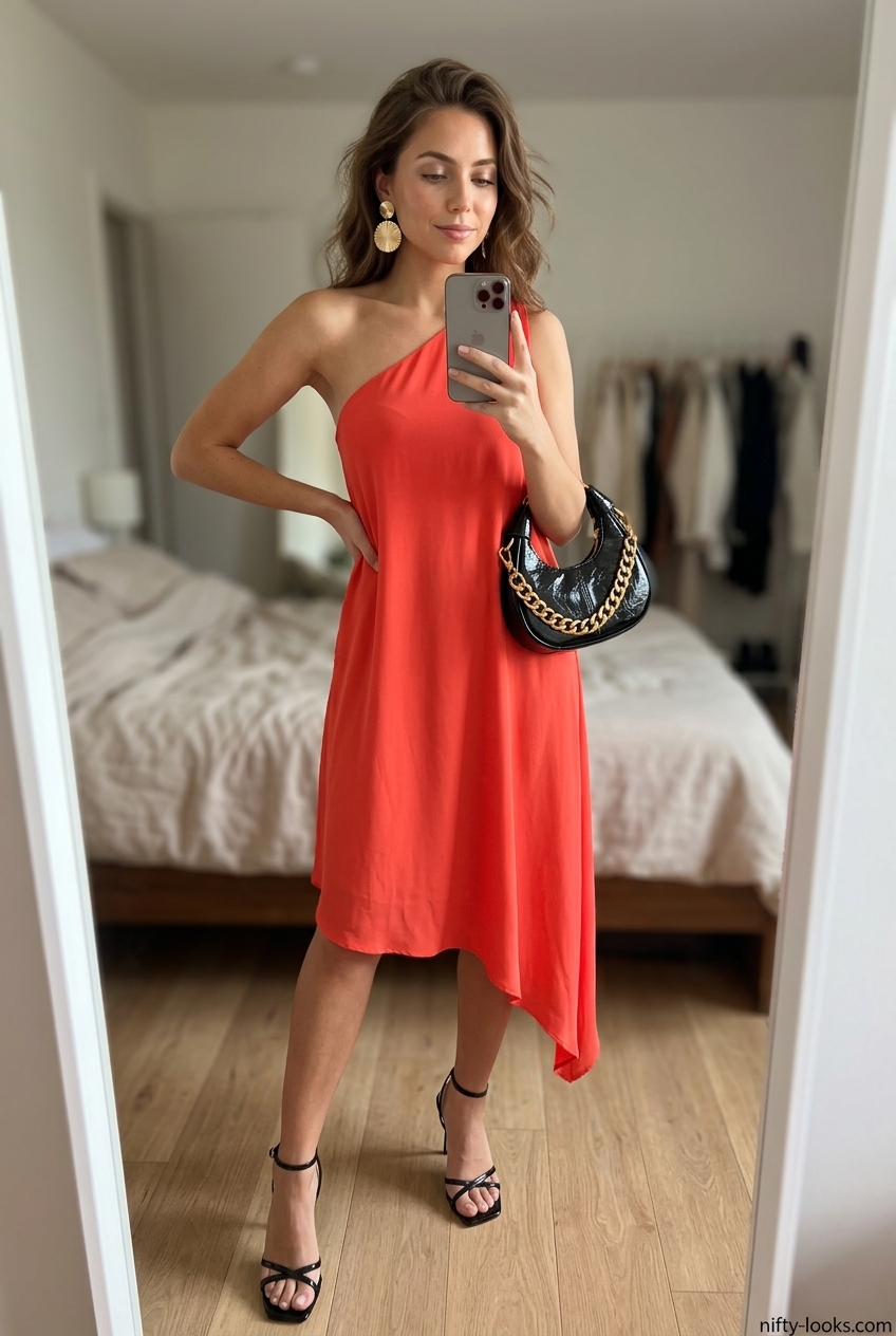 Coral asymmetric midi dress outfit for evening events. Vibrant & sophisticated look.