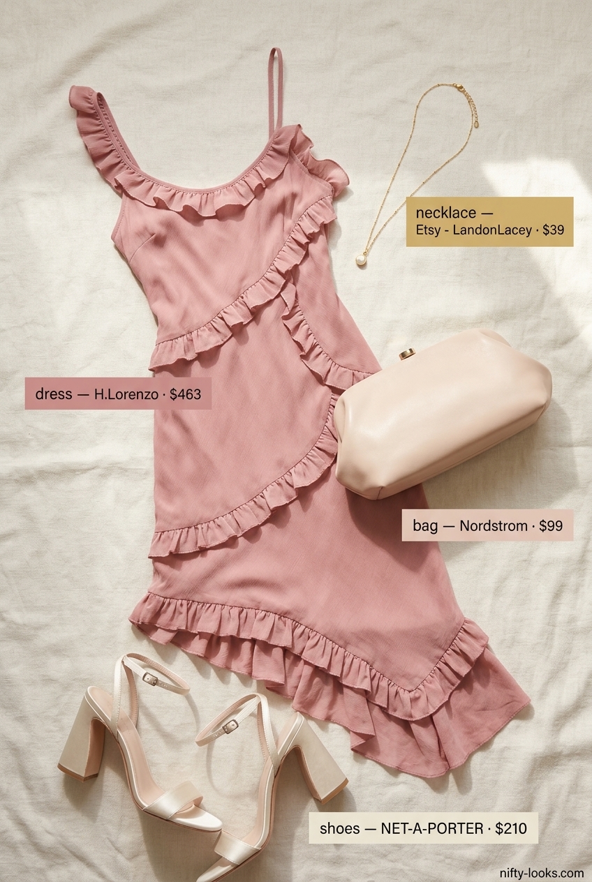Romantic asymmetric outfits for women 2026: Blush pink ruffle dress, cream clutch, gold pearl necklace.