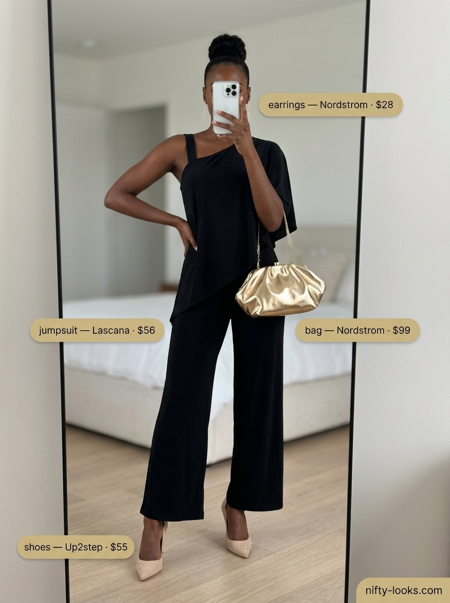 Black asymmetric jumpsuit outfit for evening events. Elegant & sophisticated style.