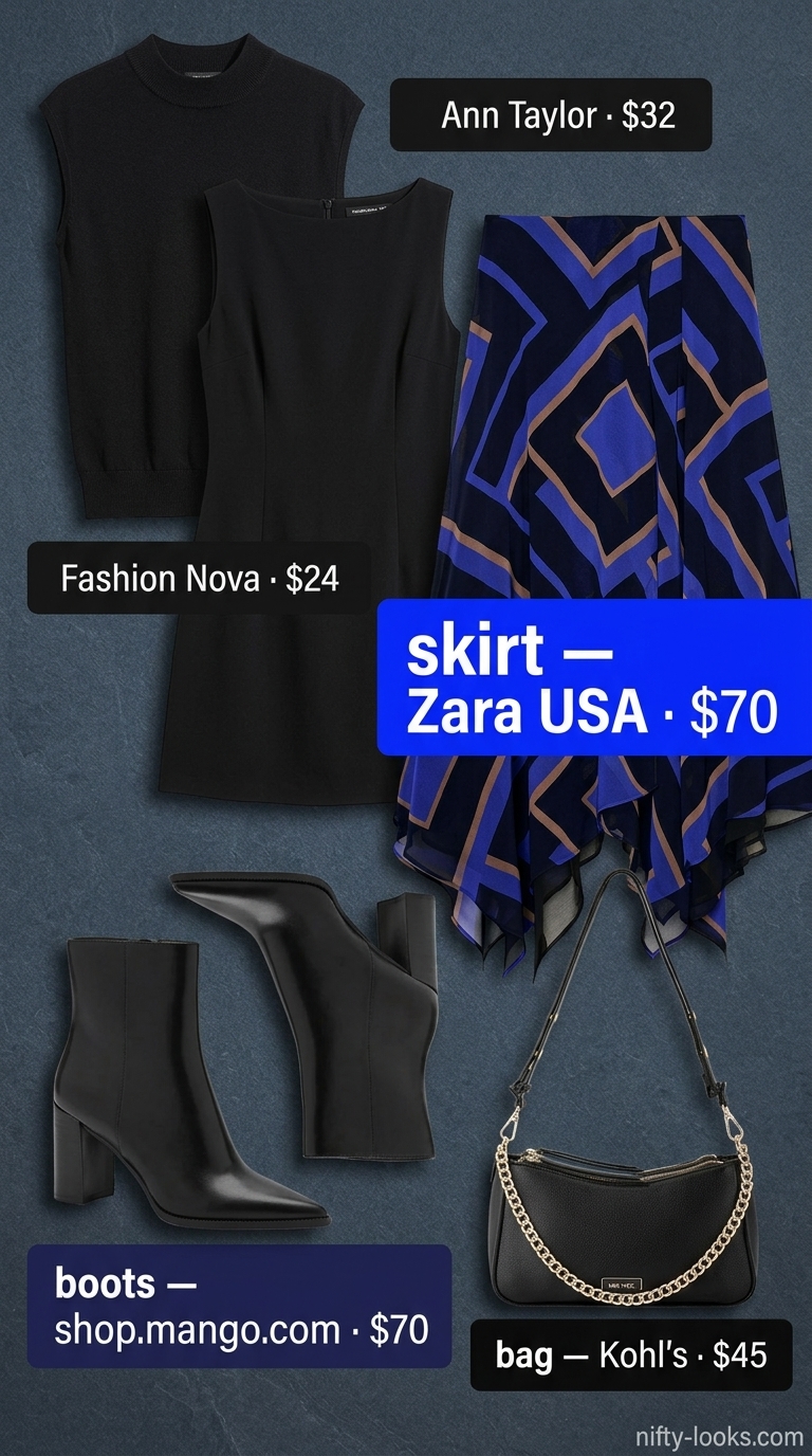 Edgy asymmetric outfits for women 2026: Abstract print skirt, black mock neck top, ankle boots.